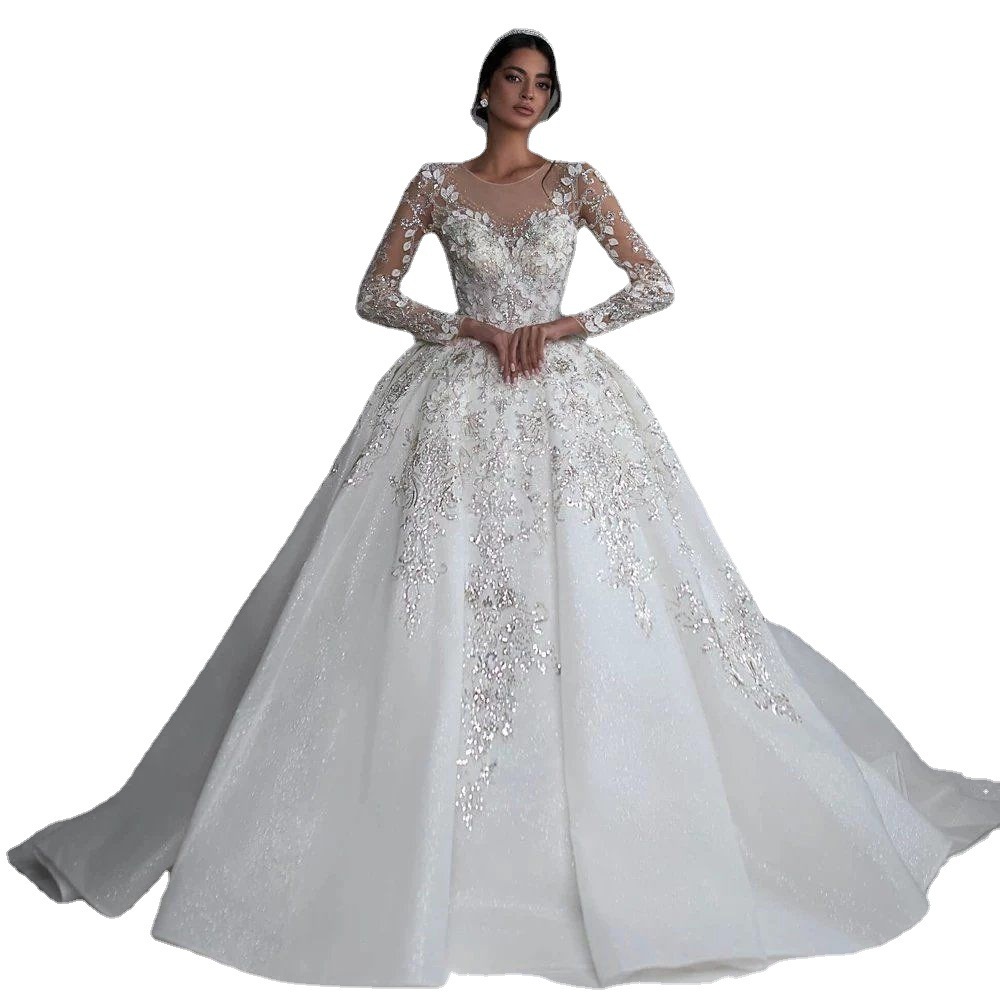 Elegant A-line Women Wedding Dress 2024 Scoop Long Sleeves Embroidery Beads Sequins Bridal Bride Gown Vestidos De Noiva Robe De Mariage