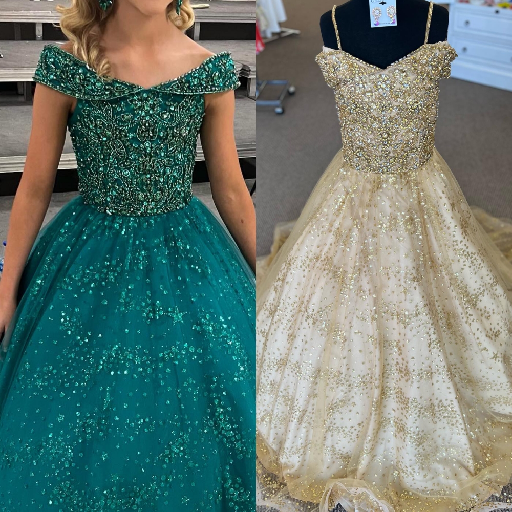 Gold Girl Pageant Dress 2025 Beads Glitter Tulle Little Kid Birthday Formal Cocktail Party Gown Infant Toddler Teen Tiny Junior Miss Mini Quince Off-Shoulder Emerald