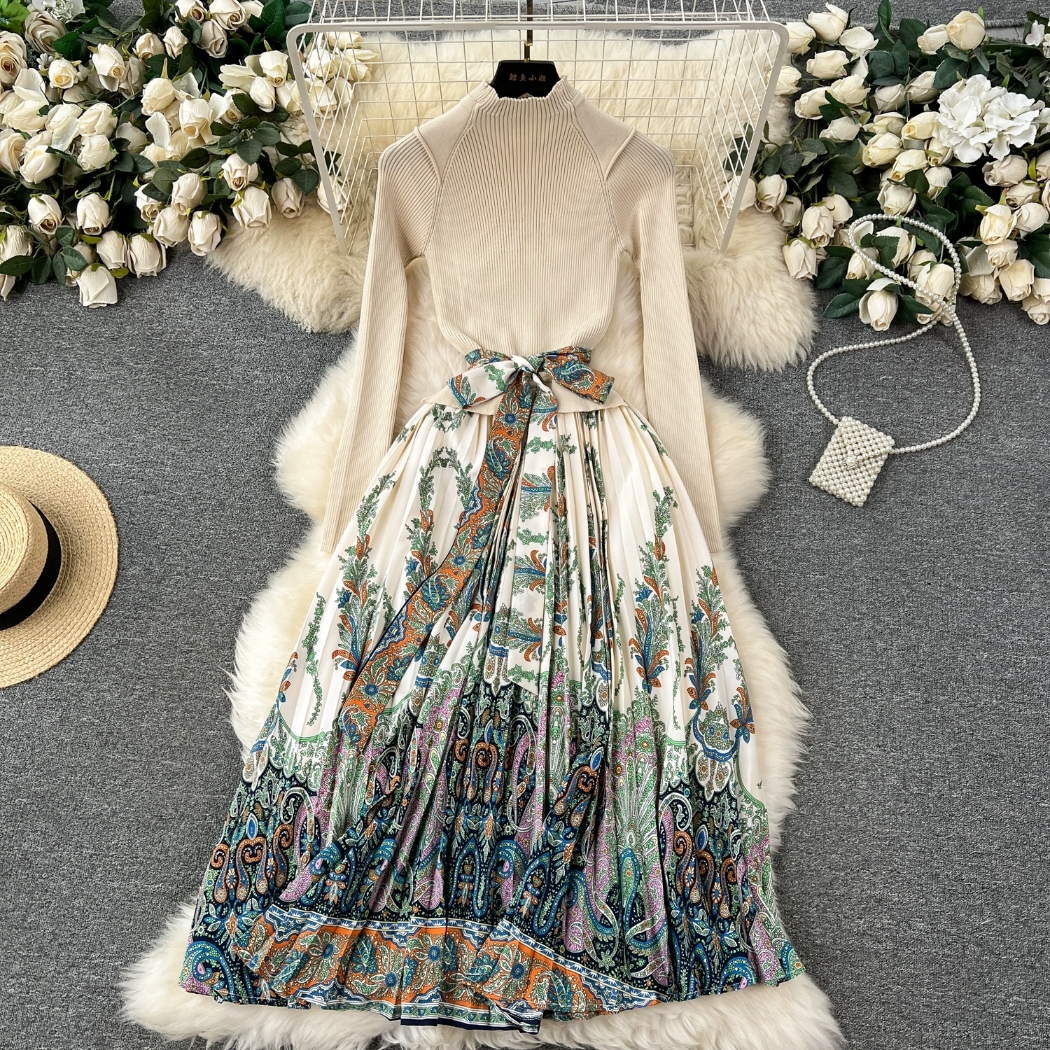 High end temperament dress with fake two pieces of skirt underneath High-end and slimming high neck knitted patchwork floral long skirt