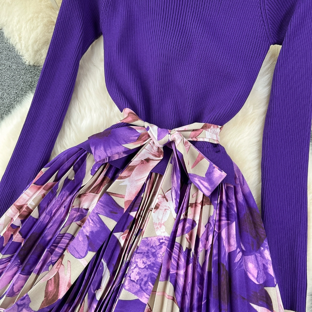 High end temperament dress with fake two pieces of skirt underneath High-end and slimming high neck knitted patchwork floral long skirt