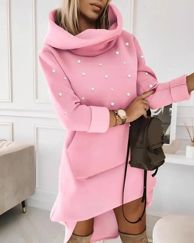 Basic Casual Dresses Elegant for Women Beaded Hooded Sweatshirt Dress 2023 Autumn Winter Spring Fashion Female Clothing 231116