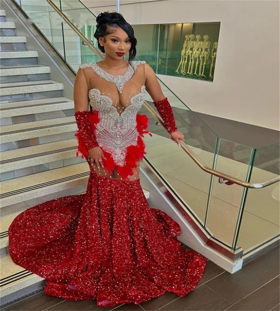 Sequin Sparkly Red Prom Dress for Black Girls 2024 Feather Mermaid Plus Size African Evening Gowns Sexy Open Back Beaded Party 322