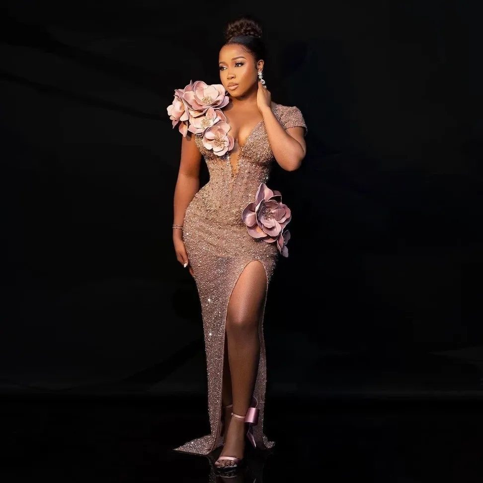 Sparkly Pink Beaded Sequins African Prom Party Dresses with Handmade Flower High Slit Corset Evening Occasion Gowns For Black Women
