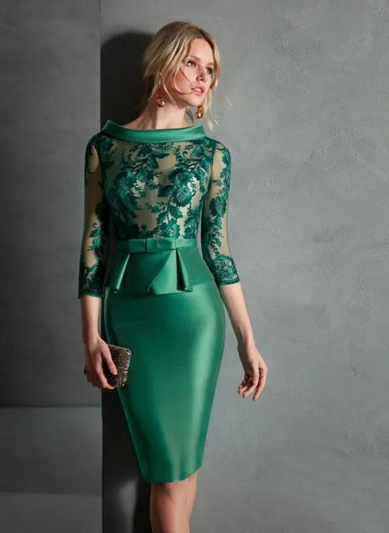 Elegant Green Short Homecoming Cocktail Dress Women 2024 Scoop 3/4 Sleeves Lace Appliques Peplum Birthday Party Dinner Gowns Robe De Soiree