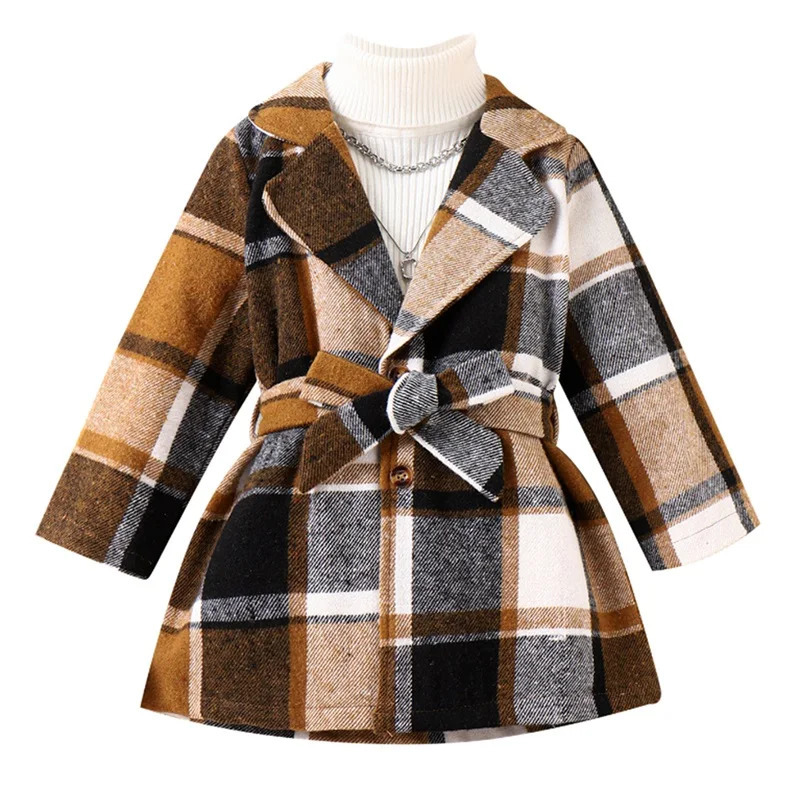 Coat Little Kid Girl Long Sleeve Jacket Dress Plaid Turn down Collar Button Down Sweater With Belt Fall Winter Clothes 231116