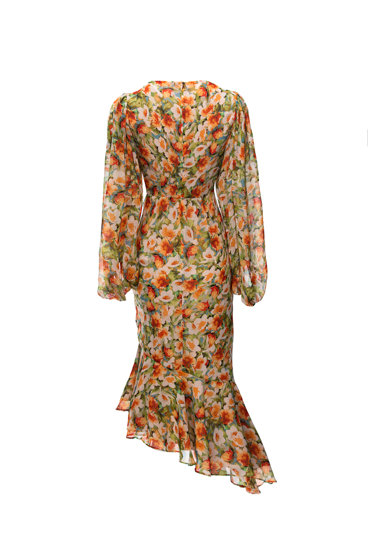 Women's Runway Dresses O Neck Long Lantern Sleeves Floral Printed Ruched Asymmetrical Vestidos