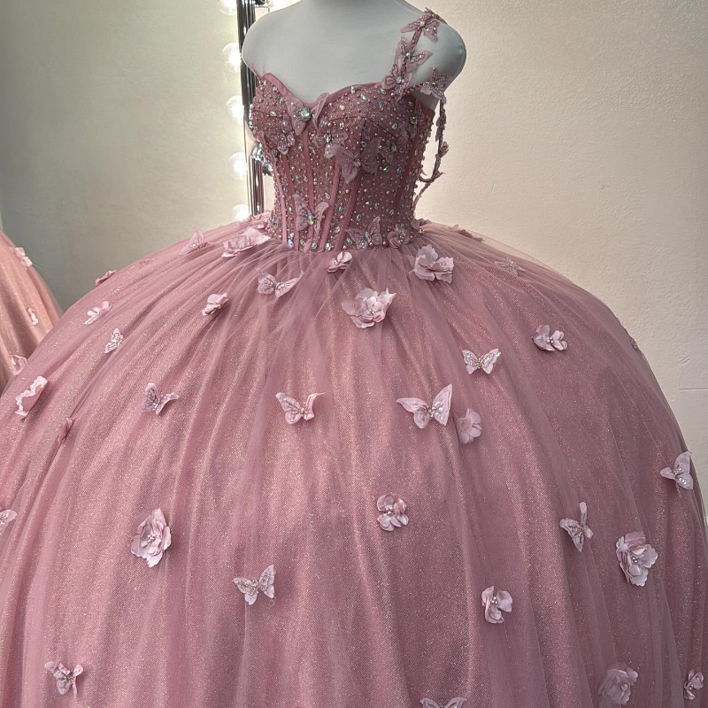 Mexico Pink Off The Shoulder Ball Gown Quinceanera Dress For Girl Beaded 3Dwers Bow Birthday Party Gowns Prom Dresses Sweet 16