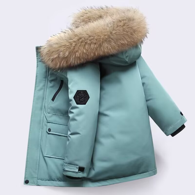 Real Fur White Duck Down Coats 2024 Winter Children Midi Length Down Jacket New Warm Kids Boys Thicken Coat Hooded Baby Snowsuit