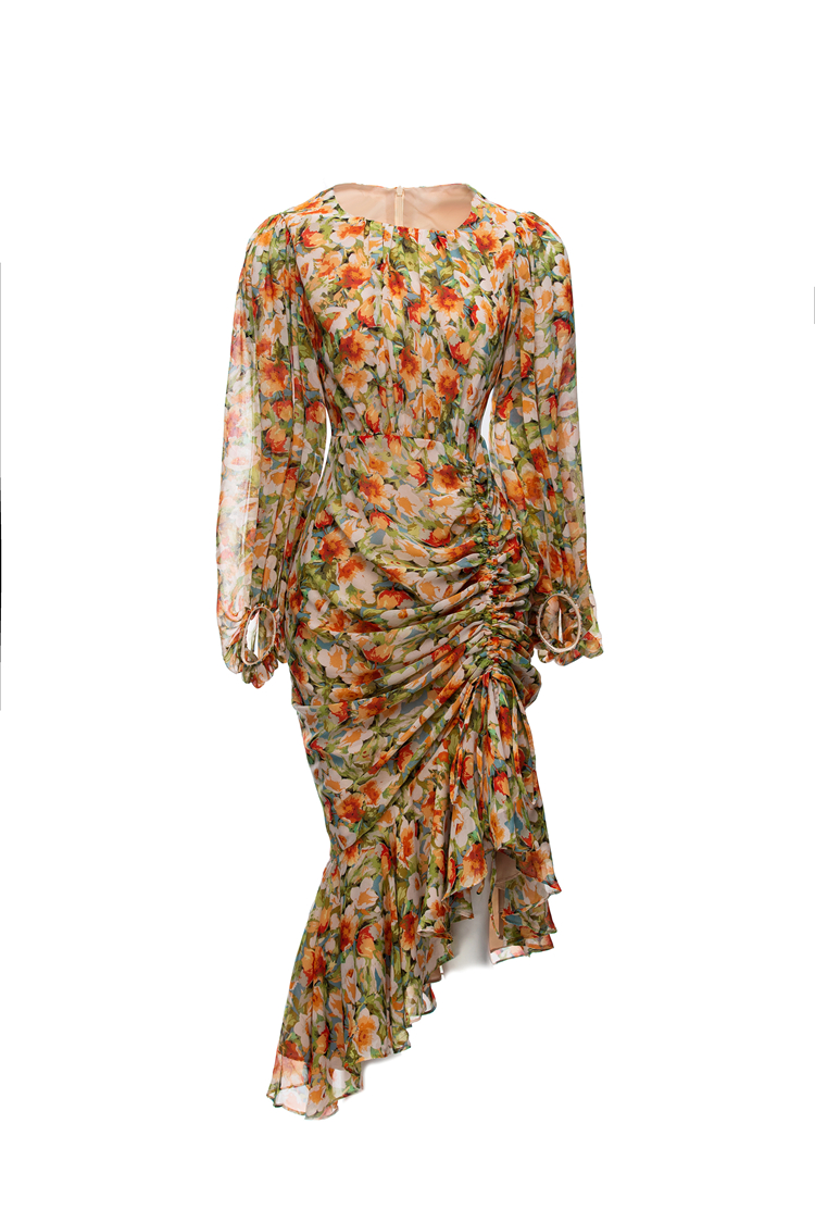 Women's Runway Dresses O Neck Long Lantern Sleeves Floral Printed Ruched Asymmetrical Vestidos