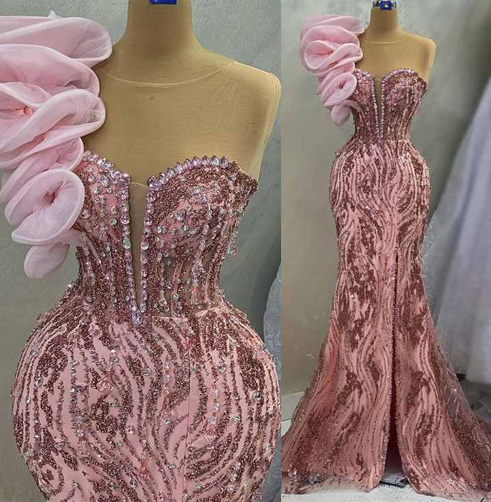 2023 April Aso Ebi Pink Mermaid Prom Dress Beaded Crystals Evening Formal Party Second Reception Birthday Engagement Gowns Dresses Robe De Soiree ZJ52