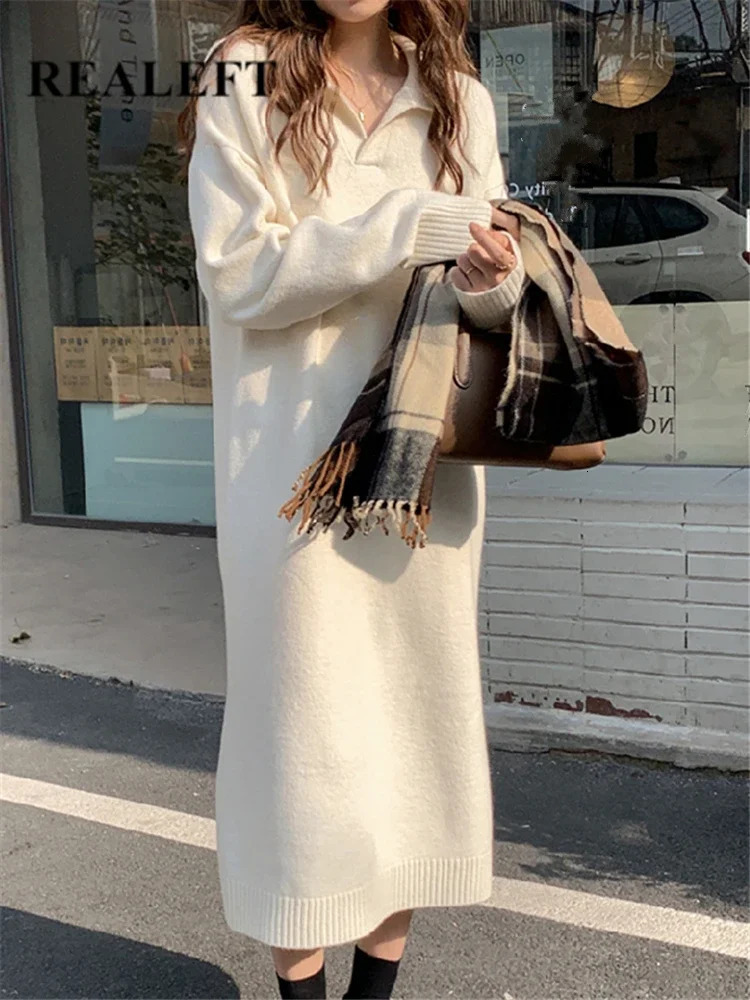 Basic Casual Dresses REALEFT Autumn Winter Polo Collar Women's Sweater 2023 Long Sleeve Solid Warm Loose Knitted Female 231116