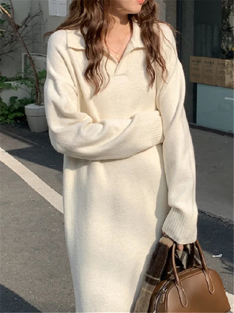 Basic Casual Dresses REALEFT Autumn Winter Polo Collar Women's Sweater 2023 Long Sleeve Solid Warm Loose Knitted Female 231116