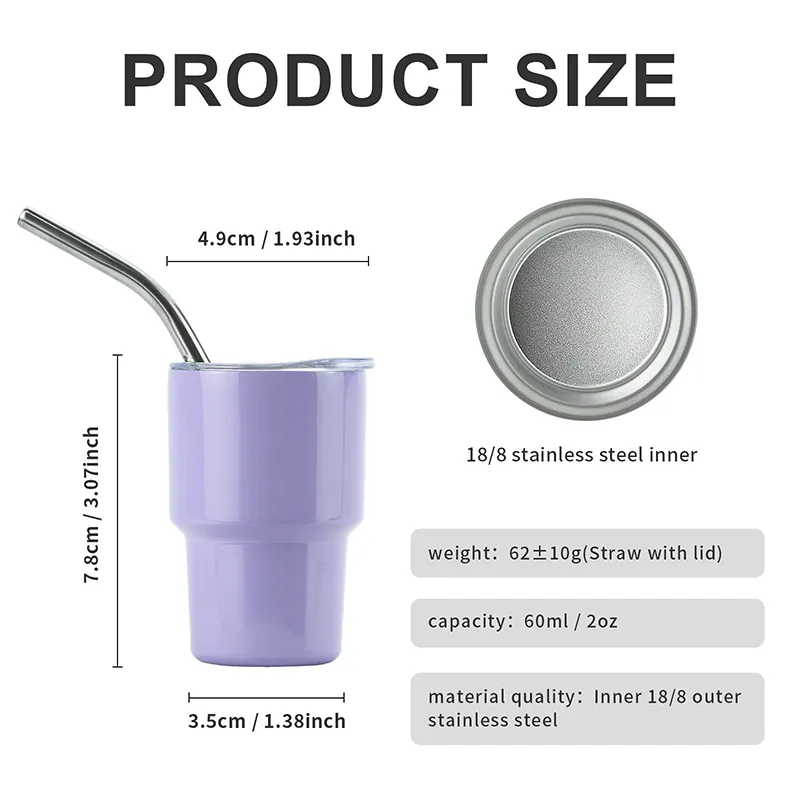 LMETJMA 2oz Mini Tumbler Double Stainless Steel Vacuum Cup Sublimation Shot Glass Tumblers Mugs with Straw and Lids FY5618 1116