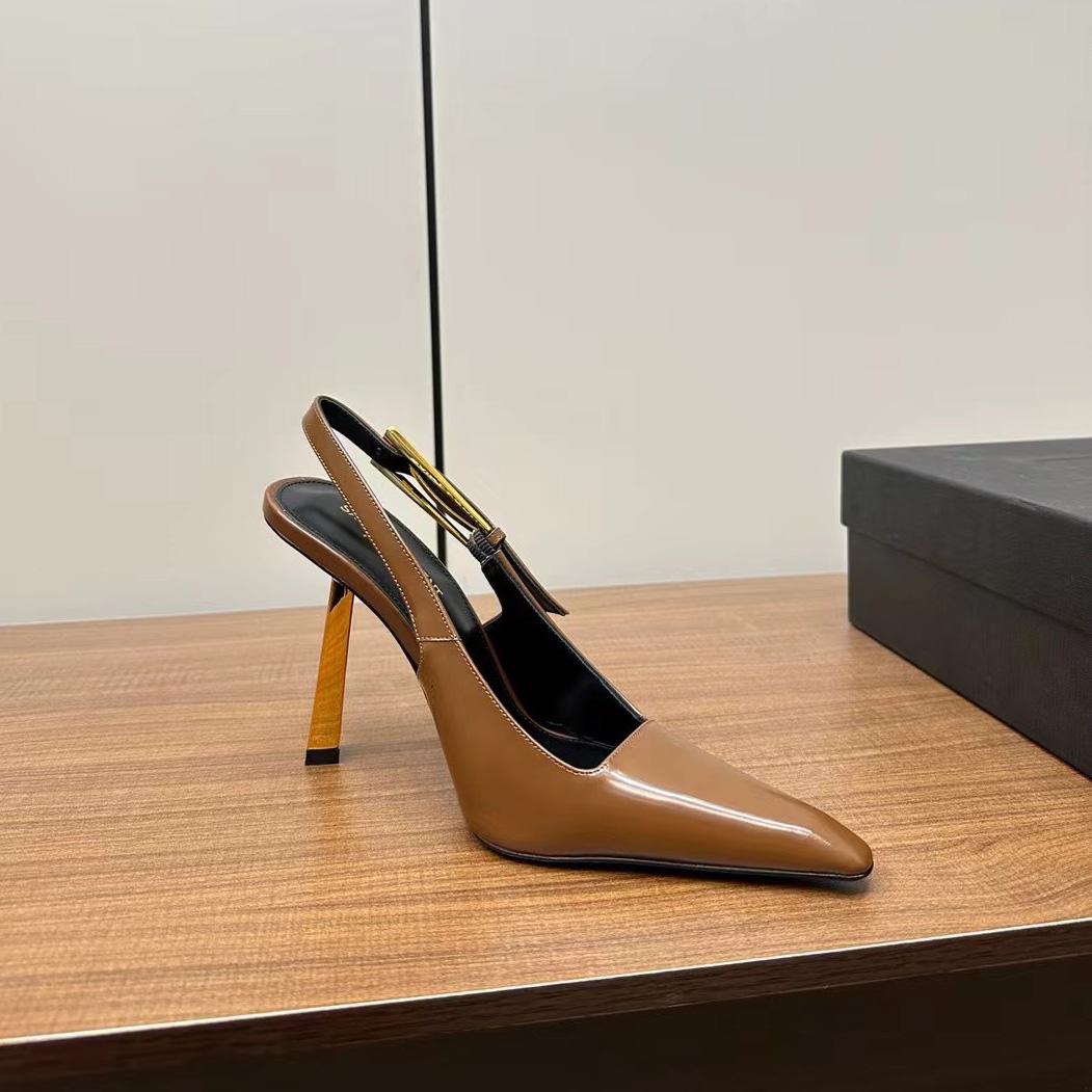 Lee 110mm Patent leather Slingback Pumps gold-tone buckle stiletto heels Slip-on women's Fashion high heeled Luxury Designers Evening Party