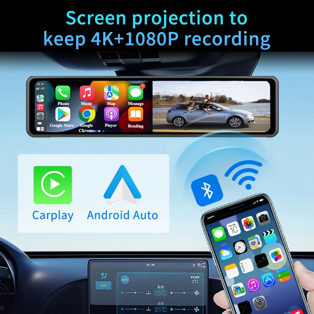 4K 3840*2160P 12 Inch Dash Cam Dual Lens Car DVR Camera WIFI GPS Sony IMX 415 Dashcam Front and Rear Night Vision Video Recorde