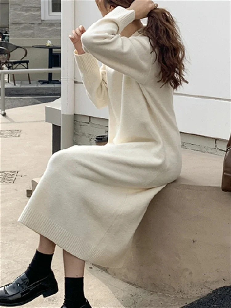 Basic Casual Dresses REALEFT Autumn Winter Polo Collar Women's Sweater 2023 Long Sleeve Solid Warm Loose Knitted Female 231116