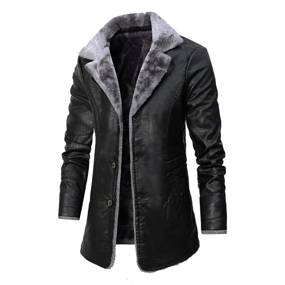 Men's Jackets Winter Fleece Plush PU Fashion Business Casual Middle And Long Suit Collar Windbreaker Leather Jacket Coats 231115