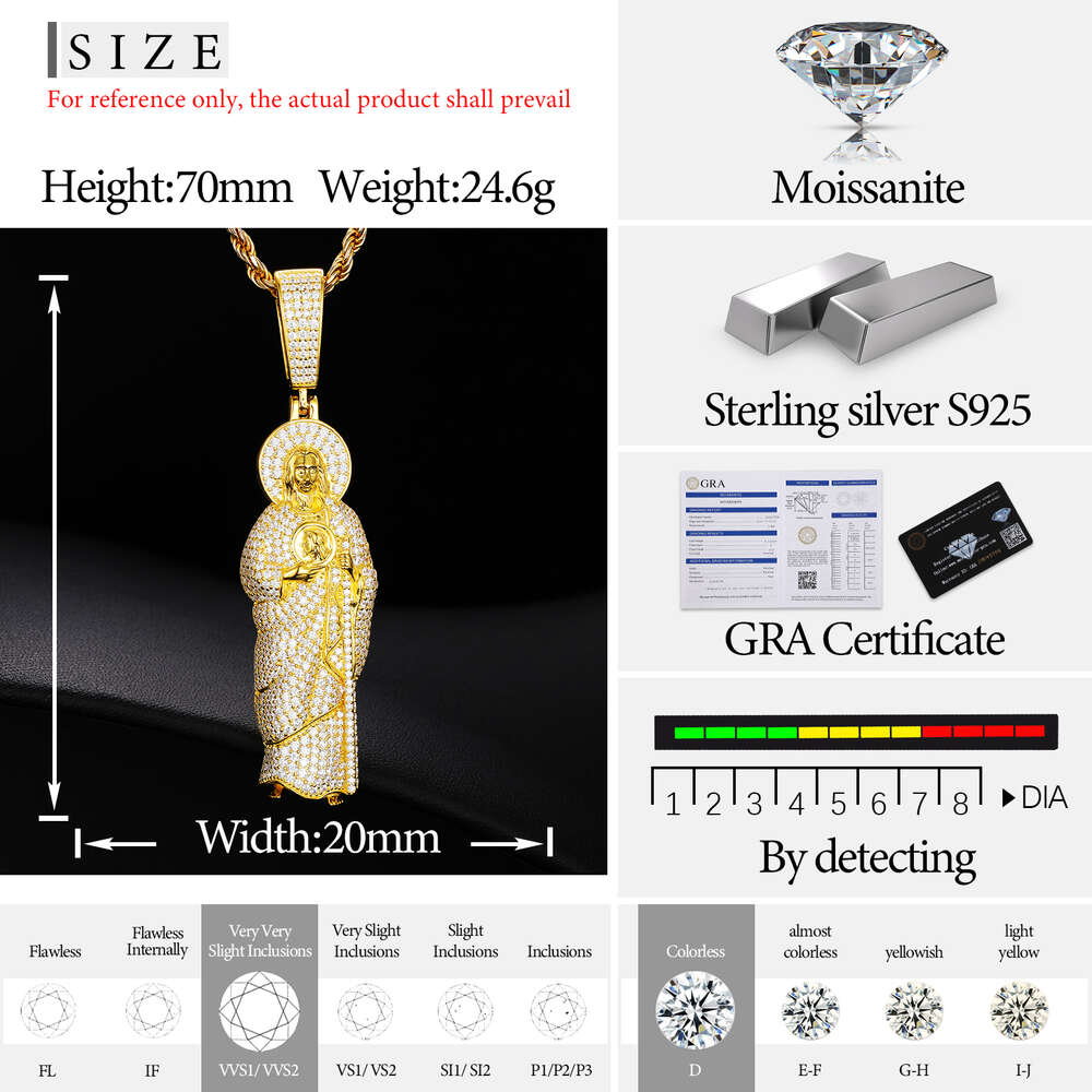 Pass Dia Tester Moissanite Iced Out San Judas Tadeo Pendant Sterg Sier Hip Hop Mens VVS Mossanite Jesus Necklace