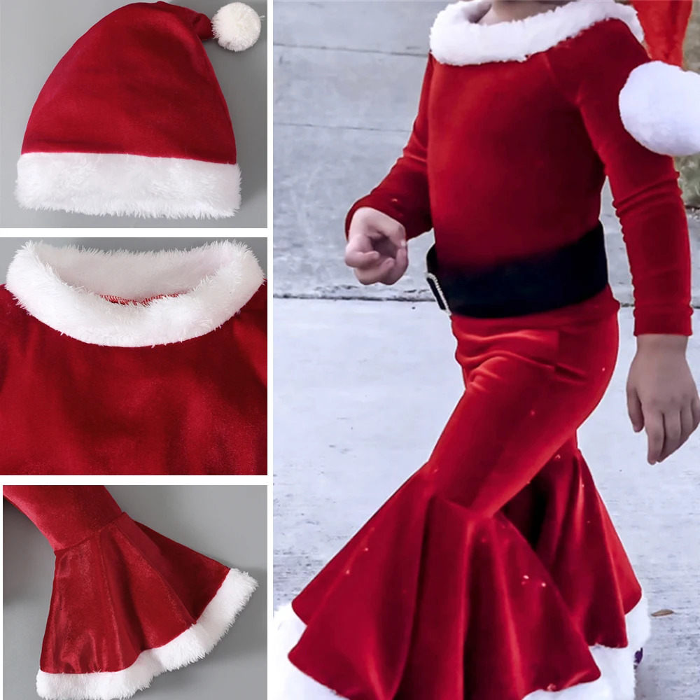 Rompers Kids Girls Christmas Costume Santa Claus Toddler Baby Clothes Sets Long Sleeve Top Bell Bottom Pants 3PCS Year Outfits 231116