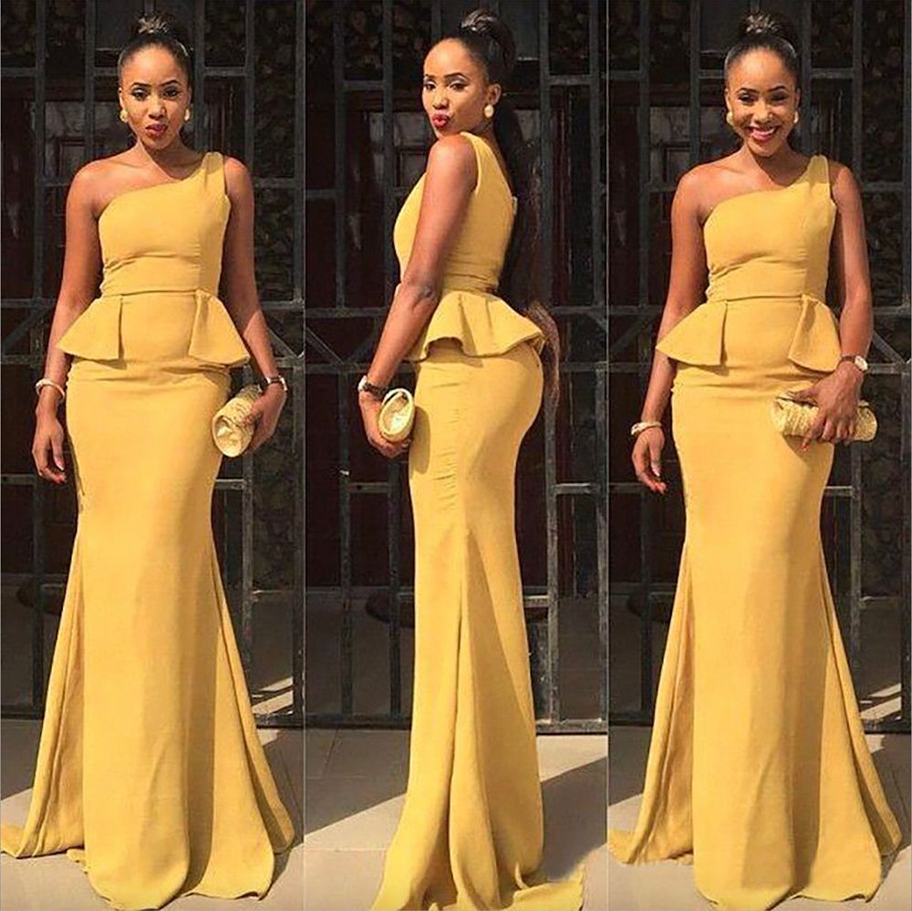African Style 2023 Yellow Chiffon Mermaid Bridesmaid Dresses Sexy One Shoulder Peplum Long Formal Maid of Honor Dresses Formal Gowns