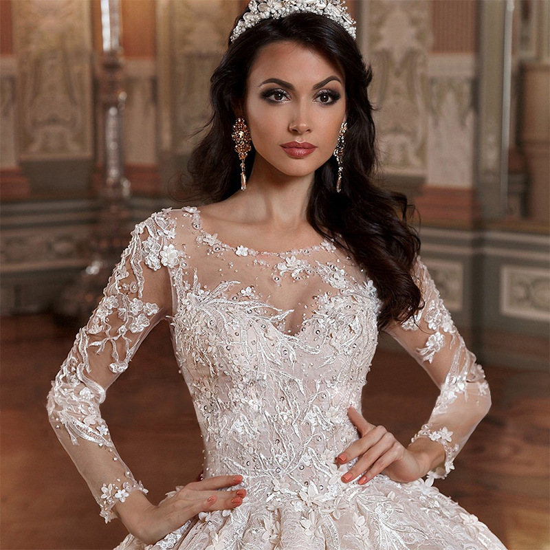 Elegant A-line Women Wedding Dress 2024 Sccop Long Illusion Sleeves 3D Flowers Beads Lace Appliques Tulle Bridal Bride Gown Vestidos De Noiva Robe De 