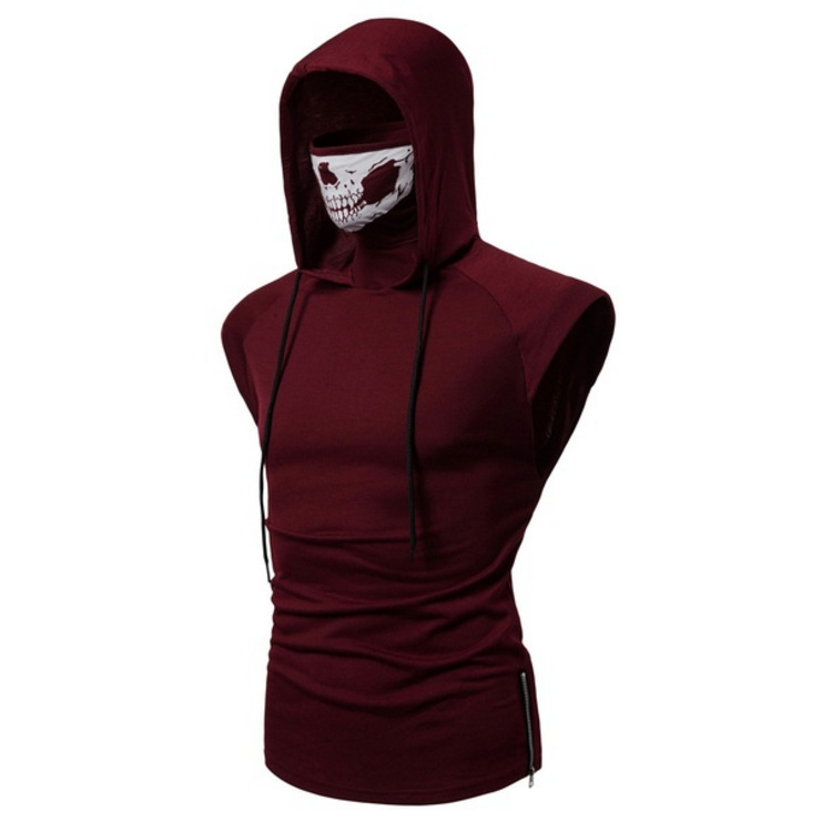 Casual cotton slim breathable turtleneck hooded face men sleeveless t shirt