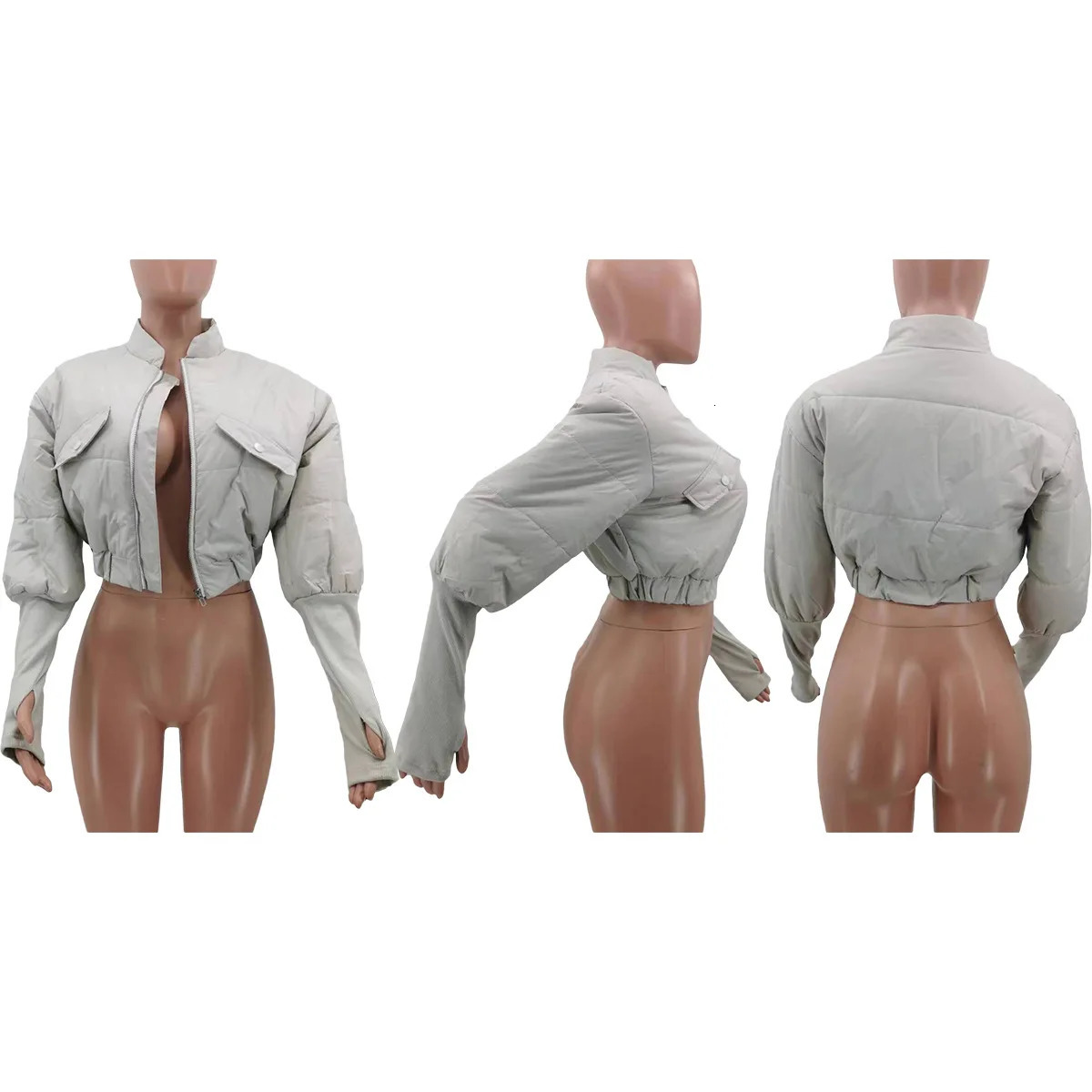 Women s Down Parkas Orange Crop Puffer Jacket Women Gray Zipper V Neck Long Sleeve Ladies Warm Short Coats Outwear Coat Thin Light 231116