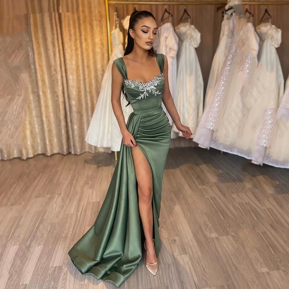 Modern Spaghetti Straps Evening For Women Sweetheart Applique Prom Gowns Side Split Mermaid Satin vestidos de noche