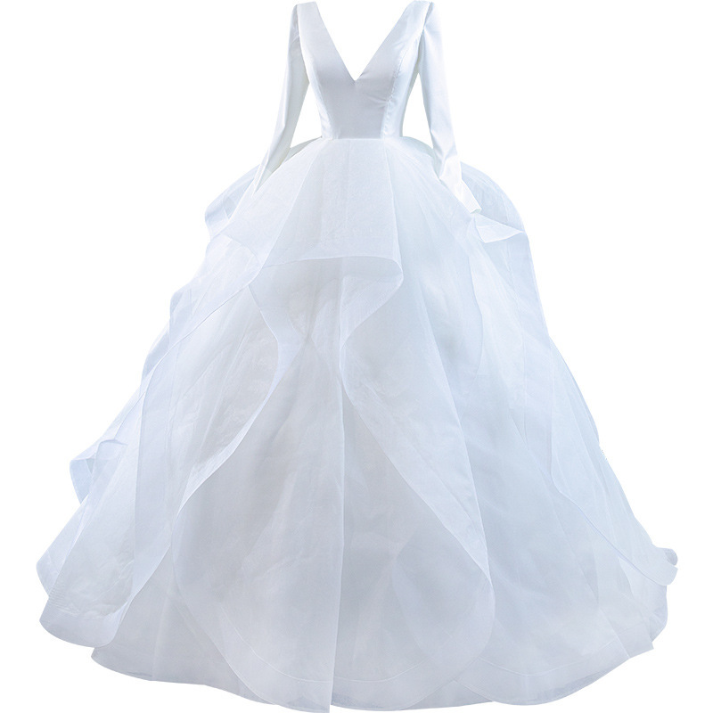 Elegant A-line Women Wedding Dress 2024 Deep V-neck Long Sleeves Ruffles Tulle Satin Court Train Bridal Bride Gown Vestidos De Noiva Robe De Mariage
