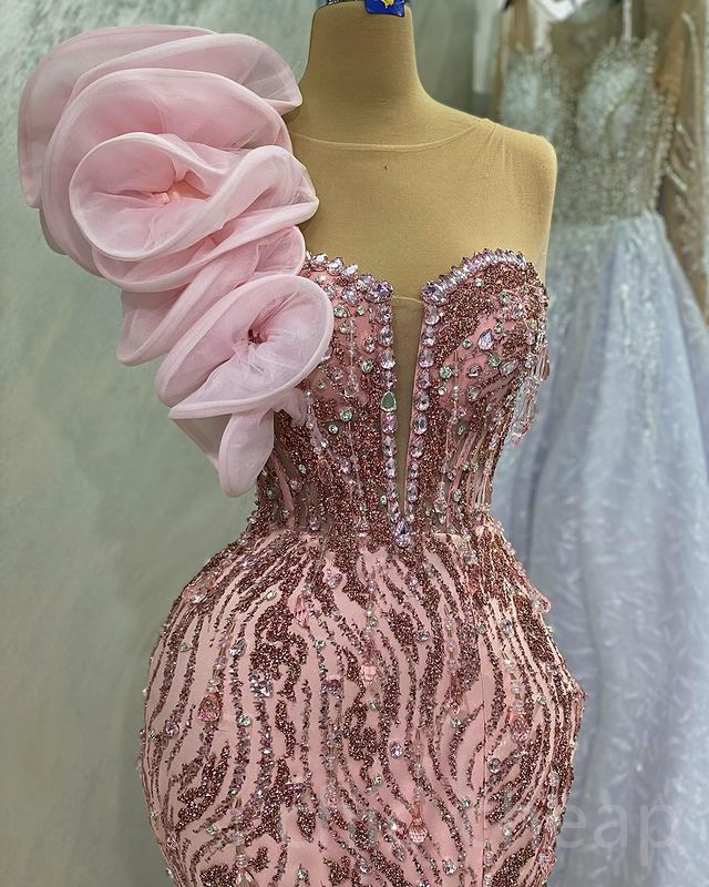 2023 April Aso Ebi Pink Mermaid Prom Dress Beaded Crystals Evening Formal Party Second Reception Birthday Engagement Gowns Dresses Robe De Soiree ZJ52