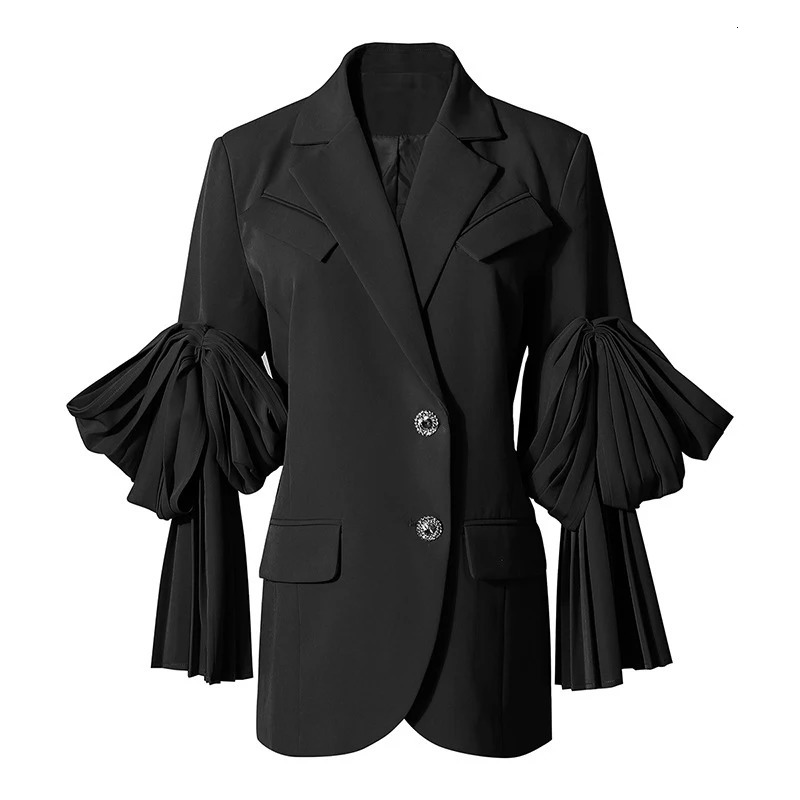 Women's Suits Blazers TWOTWINSTYLE Black Patchwork Ruffle Blazer For Women Notched Long Sleeve Korean Casual Blazers Female Fashion Clothing 2311