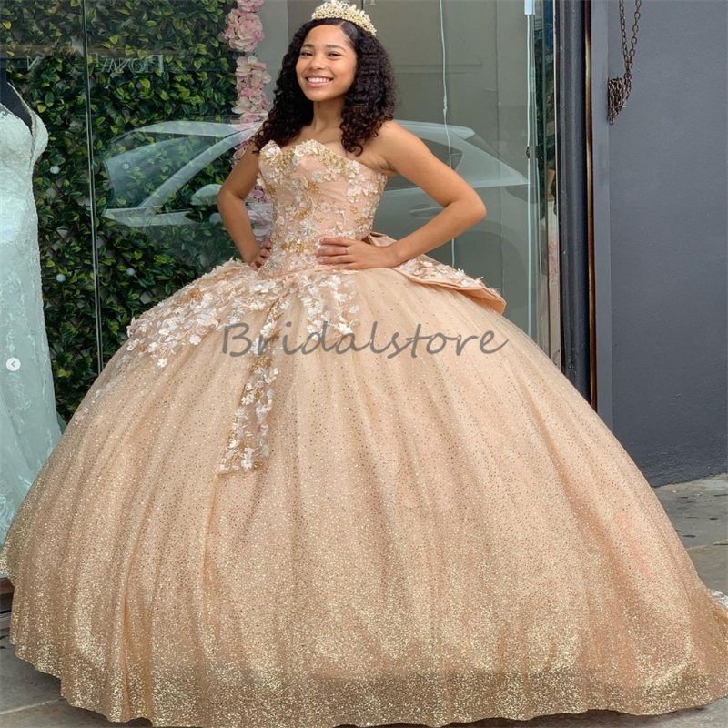 Luxury Golden Quinceanera Dresses Princess Sweetheart White Flower Vestidos De 15 Anos Sixteen Birthday Sequin Sweet 16 Fifteen Xv Dress Debutante Pro