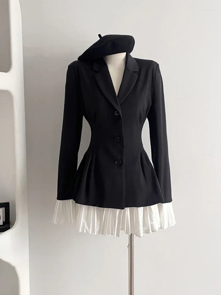 Casual Dresses Women Formal Blazer Lapel Collar Autumn Winter Office Lady Korean Patchwork Contrast Color Outerwear Single Breasted Suit