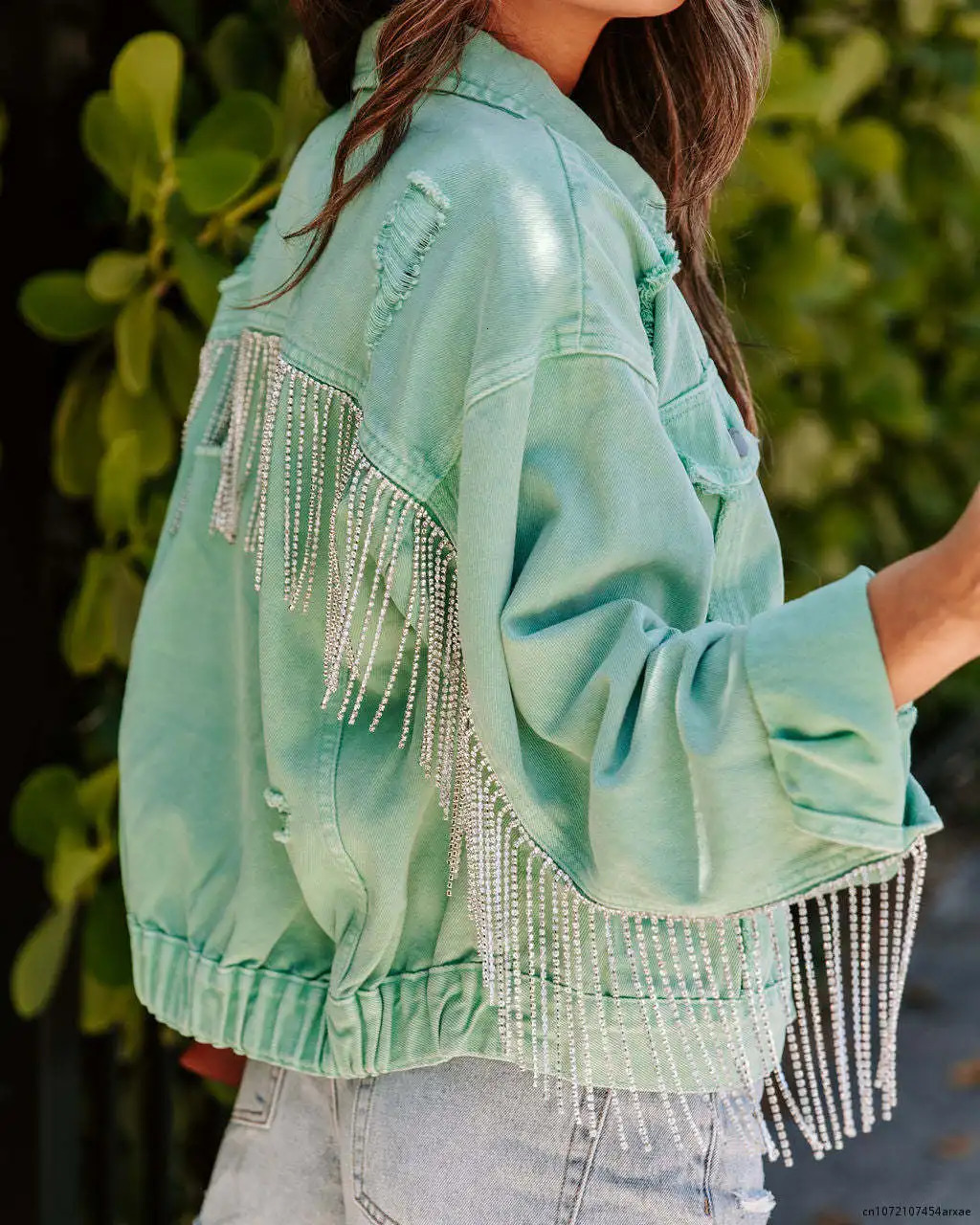 Women's Jackets Denim Jacket With shiny Fringe Pearl Rhinestone Personalized Bride Jacket Custom Denim Wedding Coats Tops 231116