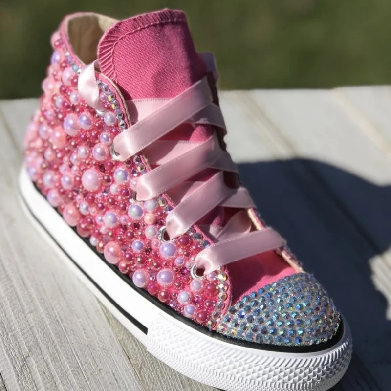 First Walkers Name Custom Kids Shoes For Girl Communion Birthday Party Canvas Dollbling Handmade Bling Rainbow Pearls Sneakers 231116