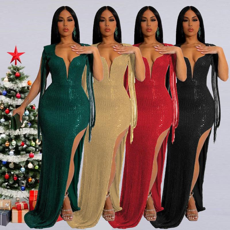 Casual Dresses Sexy Backless Tassel Sequins Dress Nightclub Sleeveless Deep V Pure Color Open Fork Women Floor Length