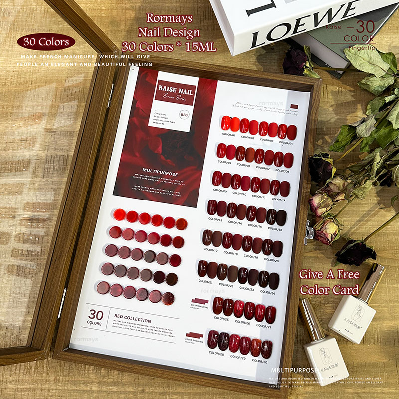 Rormays 30 Color gel Polishing Red Set Shiny Gloss Semi Permanent Mixed Varnish gel Gift Box Color Card Rose Red UV Primer Finish 15ML Nail Art Factor