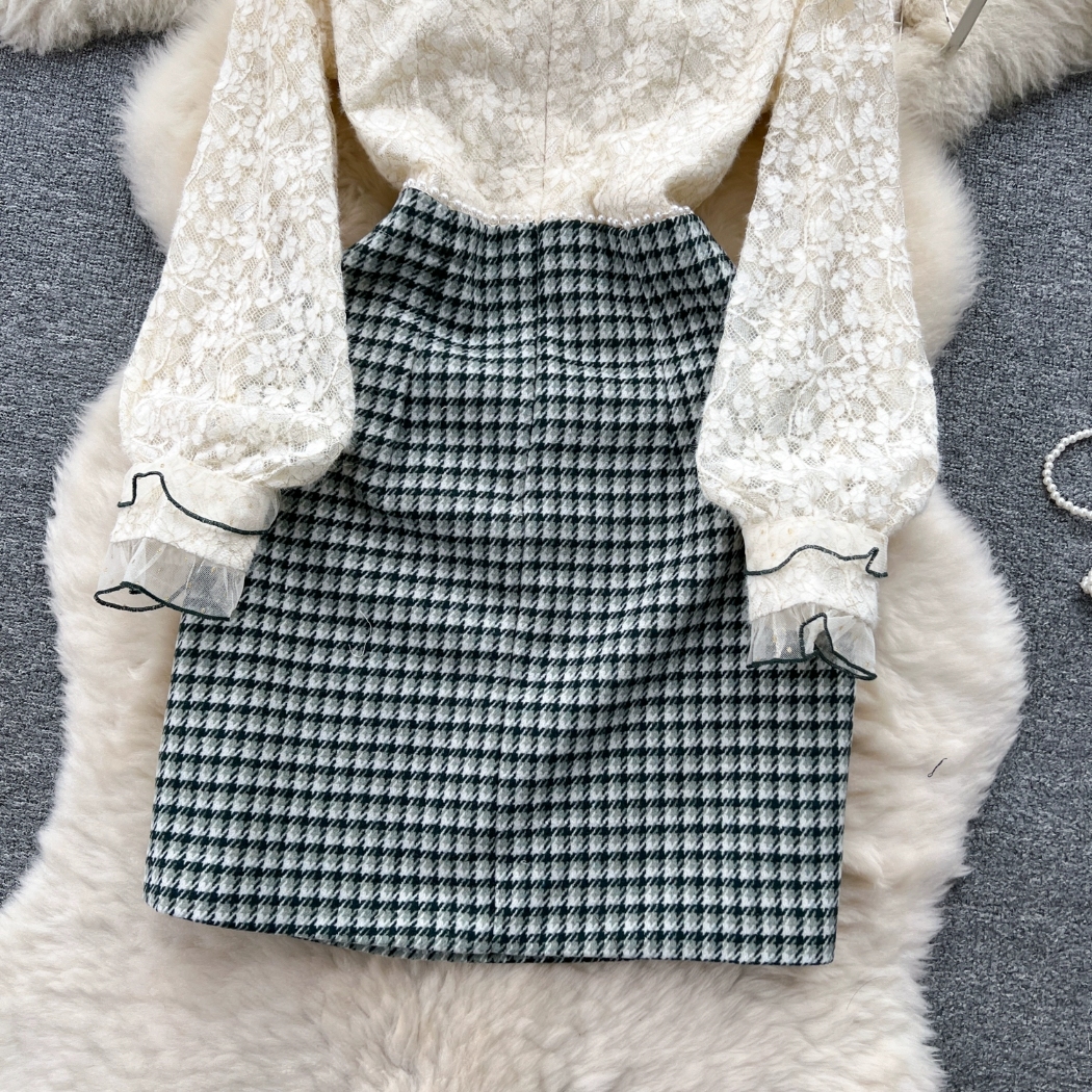Celebrity Style Dress Autumn and Winter New Network Red Small Fragrant Wind Lace Splice Thick Tweed Heavy Work Beaded Short Skirt