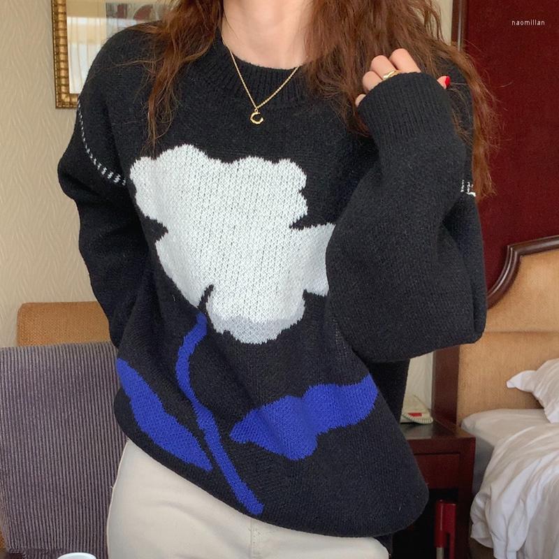 Womens Sweaters Women Sweater 2023 Korean Fashion Wild Flower Print Design O Neck Pullover Loose Thick Long-sleeved Knit Pullovers