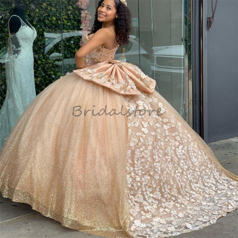 Luxury Golden Quinceanera Dresses Princess Sweetheart White Flower Vestidos De 15 Anos Sixteen Birthday Sequin Sweet 16 Fifteen Xv Dress Debutante Pro