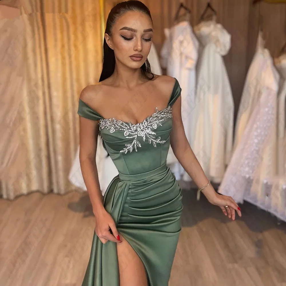 Modern Spaghetti Straps Evening For Women Sweetheart Applique Prom Gowns Side Split Mermaid Satin vestidos de noche