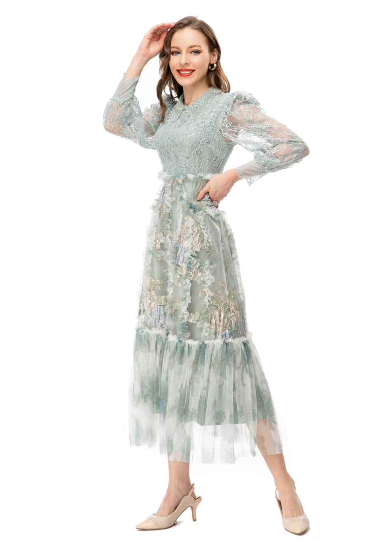 Women's Runway Dresses Peter Pan Collar Long Sleeves Lace Ruffles Elegant Fashion Vestidos