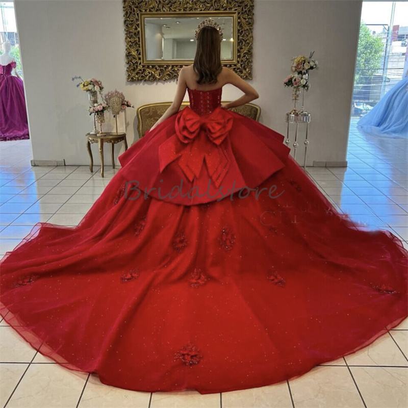 Princess Red Charro Quinceanera Dresses Luxurious Lace Vestidos De Xv Anos Sixteen Birthday Party Halloween Sweet Fifteen Dress With Bow 2024 Elegant 