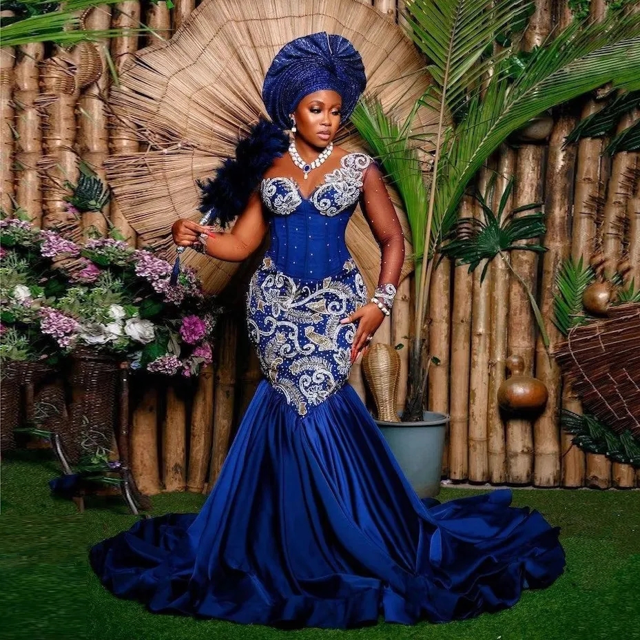 Blue Lace Embroidery Nigerian Prom Dress for Women - Formal African Aso Ebi Evening Gowns