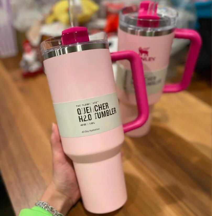 US Stock Pink Flamingo H2.0 logo pink tie dye 40 oz cup with handle insulated tumbler cover straw stainless steel coffee cup with logo Watermelon Moonshine 1:1 Copy