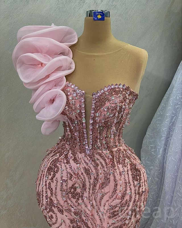 2023 April Aso Ebi Pink Mermaid Prom Dress Beaded Crystals Evening Formal Party Second Reception Birthday Engagement Gowns Dresses Robe De Soiree ZJ52