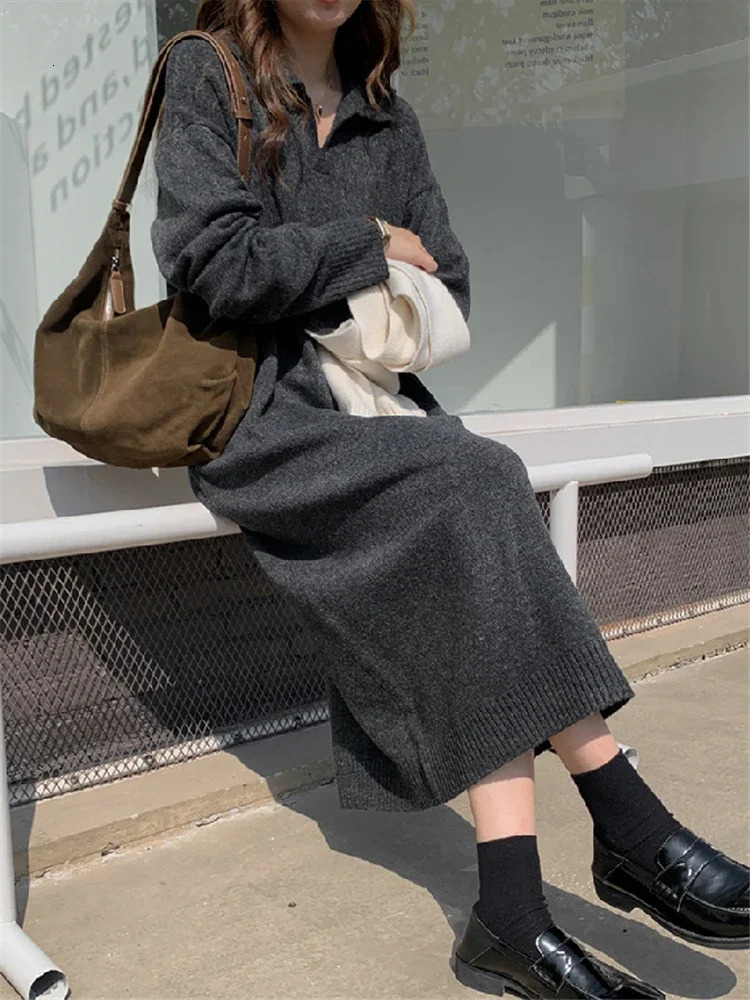 Basic Casual Dresses REALEFT Autumn Winter Polo Collar Women's Sweater 2023 Long Sleeve Solid Warm Loose Knitted Female 231116