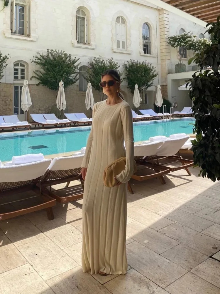 Basic Casual Dresses Female Fashion Chic Solid Ribbed Knitted Dress Elegant O Neck Long Sleeve 2023 Autumn Winter Ladies High Street Robes 231116