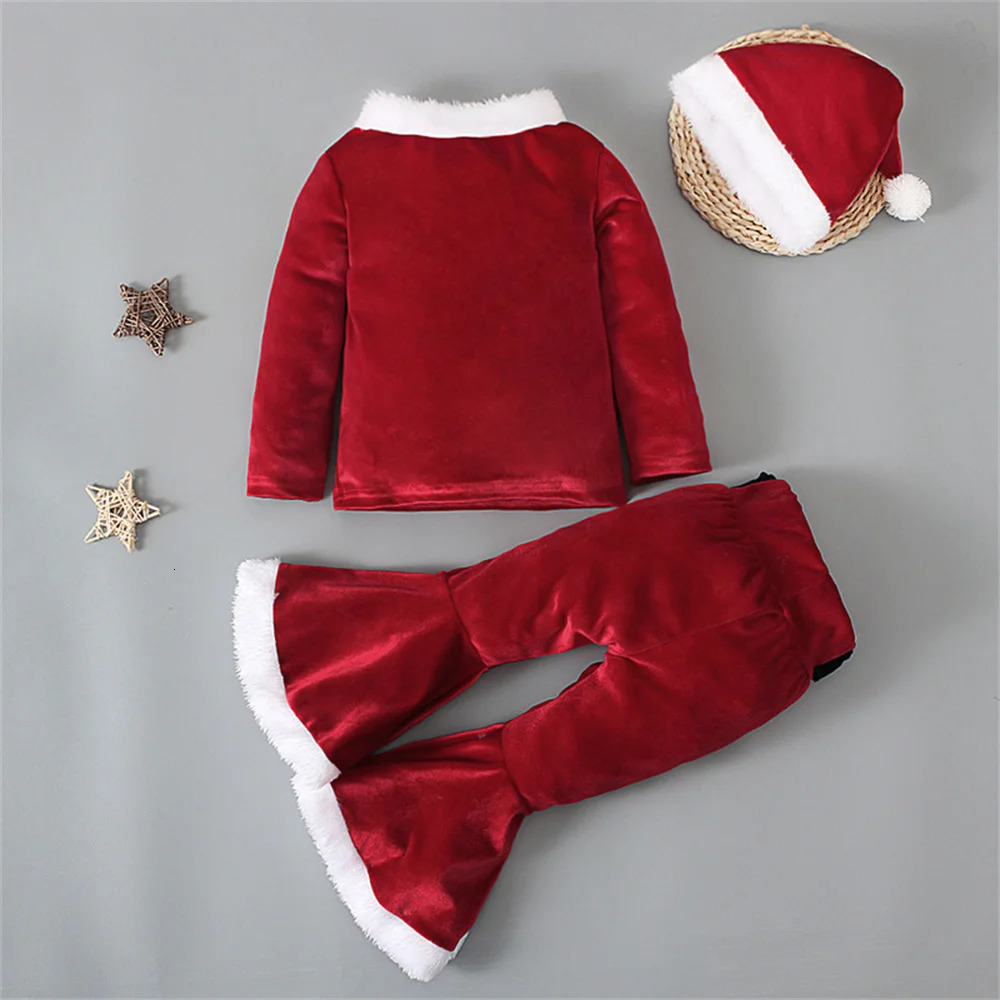 Rompers Kids Girls Christmas Costume Santa Claus Toddler Baby Clothes Sets Long Sleeve Top Bell Bottom Pants 3PCS Year Outfits 231116