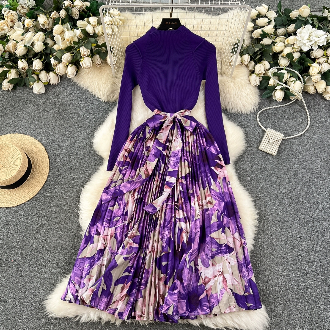 High end temperament dress with fake two pieces of skirt underneath High-end and slimming high neck knitted patchwork floral long skirt